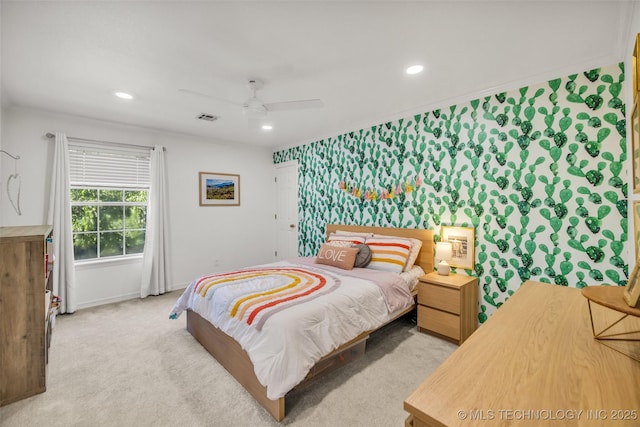 5414 E 109th Pl, Tulsa, OK 74137 - carpeted bedroom featuring recessed lighting, a ceiling fan, and wallpapered walls