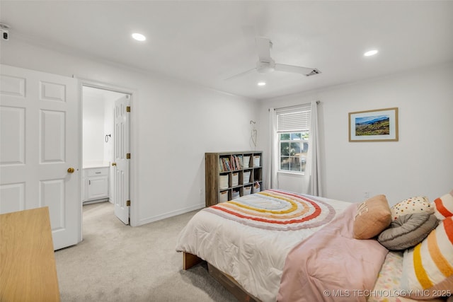 5414 E 109th Pl, Tulsa, OK 74137 - bedroom with recessed lighting, light colored carpet, ensuite bath, and a ceiling fan