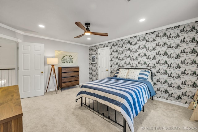 5414 E 109th Pl, Tulsa, OK 74137 - bedroom with wallpapered walls, carpet flooring, crown molding, recessed lighting, and ceiling fan
