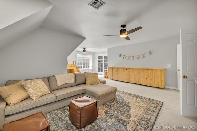5414 E 109th Pl, Tulsa, OK 74137 - living area with a ceiling fan, light carpet, and vaulted ceiling