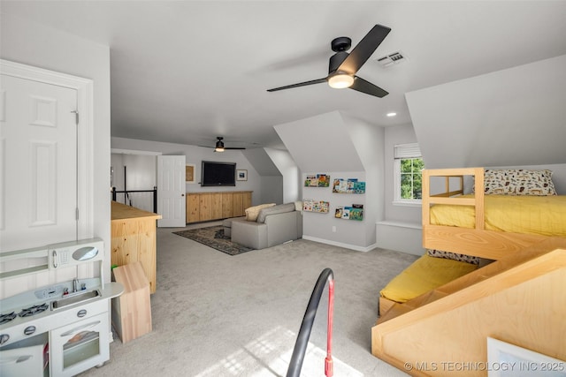 5414 E 109th Pl, Tulsa, OK 74137 - carpeted bedroom featuring vaulted ceiling and a ceiling fan