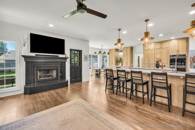 5414 E 109th Pl, Tulsa, OK 74137 - kitchen with light brown cabinets, stainless steel double oven, a fireplace, light countertops, and wood finished floors