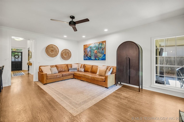 5414 E 109th Pl, Tulsa, OK 74137 - living room featuring light wood-style flooring, a ceiling fan, and recessed lighting
