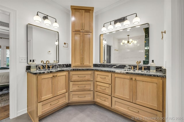 5414 E 109th Pl, Tulsa, OK 74137 - bathroom featuring tile patterned floors, ornamental molding, double vanity, a shower, and a chandelier