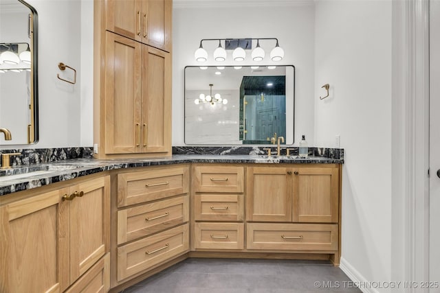 5414 E 109th Pl, Tulsa, OK 74137 - full bathroom with double vanity, tile patterned floors, and a shower with door