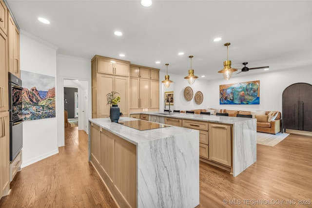 5414 E 109th Pl, Tulsa, OK 74137 - kitchen featuring black appliances, a spacious island, light brown cabinets, light wood-type flooring, and recessed lighting