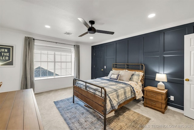 5414 E 109th Pl, Tulsa, OK 74137 - bedroom featuring light colored carpet, ornamental molding, recessed lighting, and ceiling fan