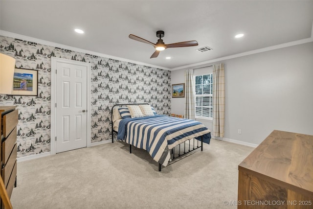 5414 E 109th Pl, Tulsa, OK 74137 - carpeted bedroom featuring wallpapered walls, crown molding, recessed lighting, and a ceiling fan