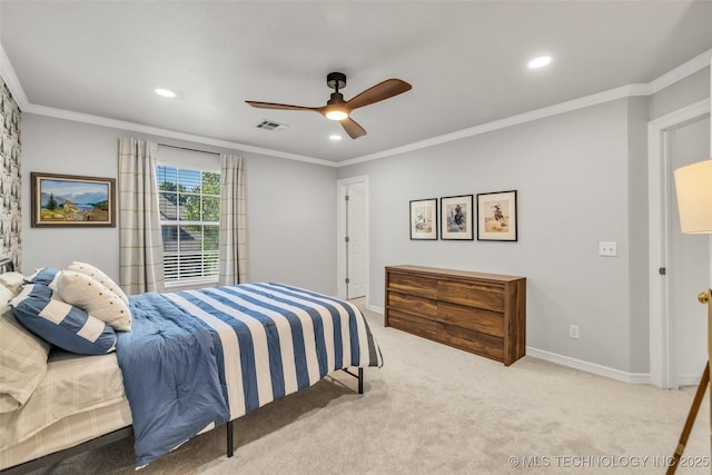 5414 E 109th Pl, Tulsa, OK 74137 - carpeted bedroom with recessed lighting, crown molding, and a ceiling fan