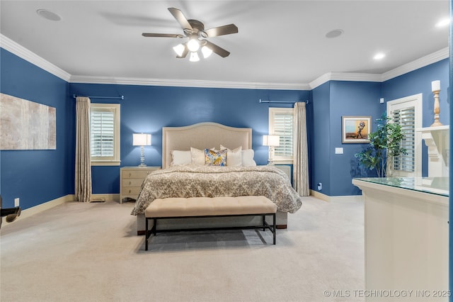 4620 E 108th Pl S, Tulsa, OK 74137 - bedroom with carpet flooring, crown molding, multiple windows, and a ceiling fan