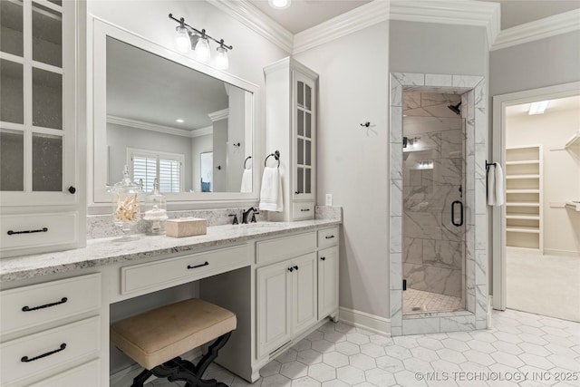 4620 E 108th Pl S, Tulsa, OK 74137 - full bathroom with crown molding, a shower stall, a walk in closet, vanity, and recessed lighting