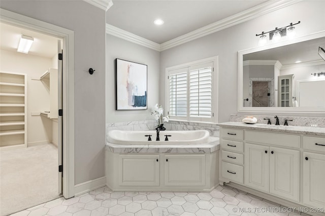 4620 E 108th Pl S, Tulsa, OK 74137 - full bath with a bath, vanity, a spacious closet, ornamental molding, and recessed lighting