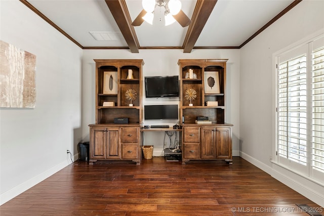 4620 E 108th Pl S, Tulsa, OK 74137 - home office with a ceiling fan, healthy amount of natural light, dark wood-style flooring, beamed ceiling, and crown molding