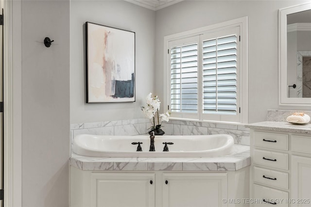 4620 E 108th Pl S, Tulsa, OK 74137 - full bath featuring vanity, a garden tub, and ornamental molding