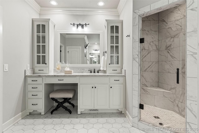 4620 E 108th Pl S, Tulsa, OK 74137 - full bath with crown molding, a shower stall, vanity, recessed lighting, and tile patterned flooring