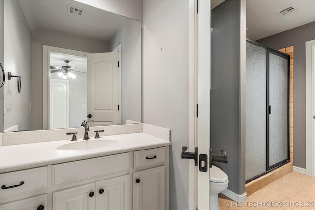 4620 E 108th Pl S, Tulsa, OK 74137 - full bath featuring a shower stall, ceiling fan, vanity, and tile patterned flooring