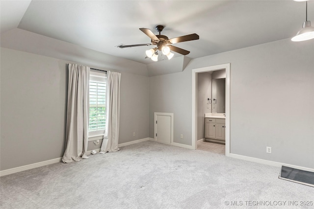 4620 E 108th Pl S, Tulsa, OK 74137 - unfurnished bedroom featuring lofted ceiling, light colored carpet, ensuite bath, and a ceiling fan