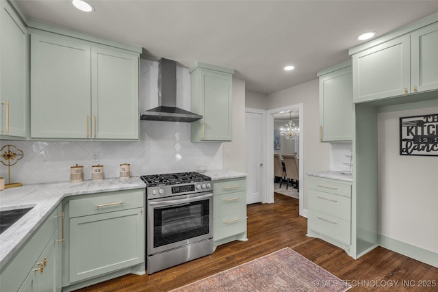 1743 S Florence Pl, Tulsa, OK 74104 - kitchen with stainless steel gas range oven, wall chimney range hood, green cabinets, dark wood-style flooring, and recessed lighting