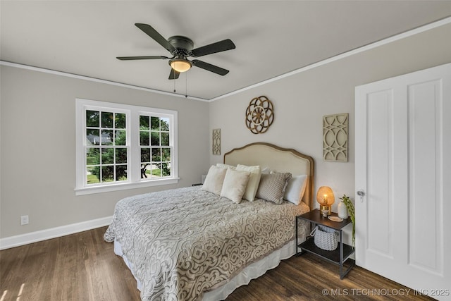 1743 S Florence Pl, Tulsa, OK 74104 - bedroom featuring dark wood finished floors, ornamental molding, and ceiling fan