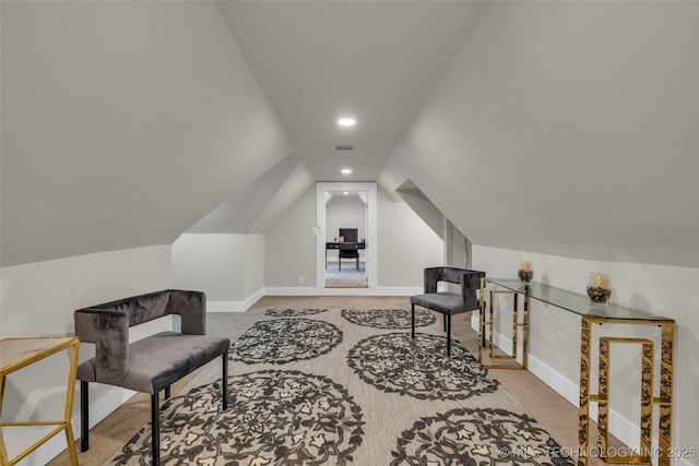 1743 S Florence Pl, Tulsa, OK 74104 - living area featuring carpet, lofted ceiling, and recessed lighting