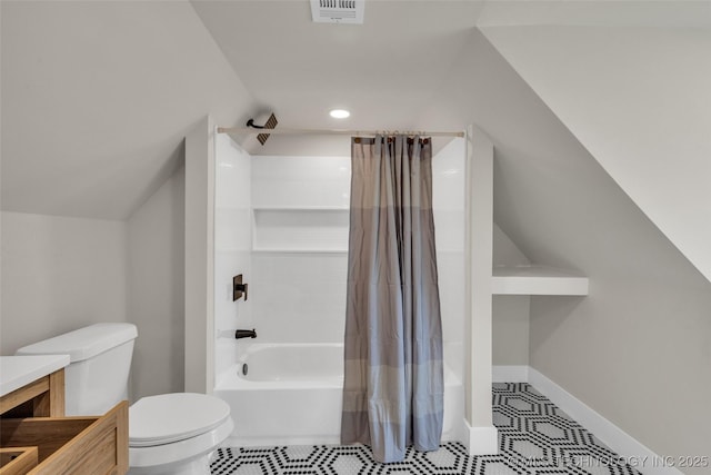 1743 S Florence Pl, Tulsa, OK 74104 - full bath featuring vaulted ceiling, shower / tub combo with curtain, vanity, tile patterned flooring, and recessed lighting