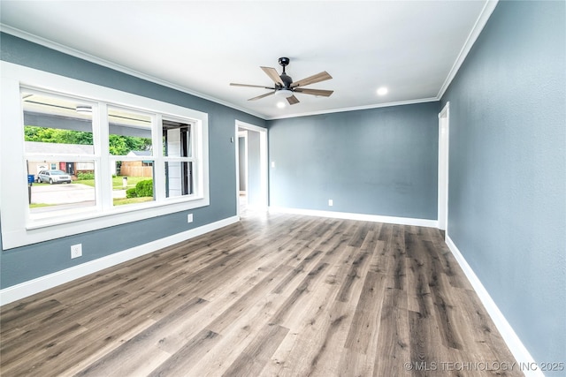 2532 E 4th St, Tulsa, OK 74104 - spare room featuring ornamental molding, ceiling fan, wood finished floors, and recessed lighting