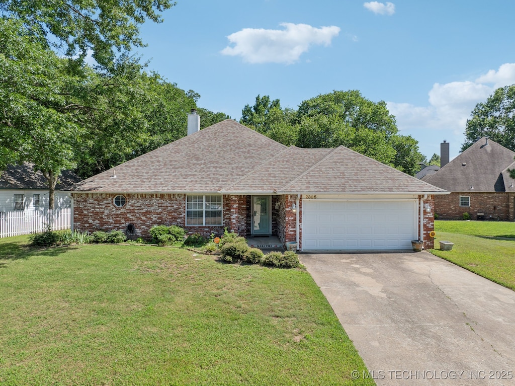 2305 W Twin Oaks St, Broken Arrow, OK 74011 - ranch-style home with a chimney, driveway, brick siding, an attached garage, and roof with shingles