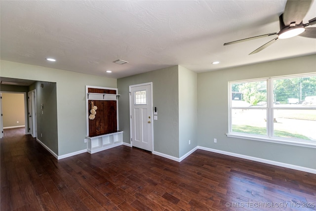410 Denver St, Pawnee, OK 74058 - entryway with ceiling fan, wood finished floors, and recessed lighting