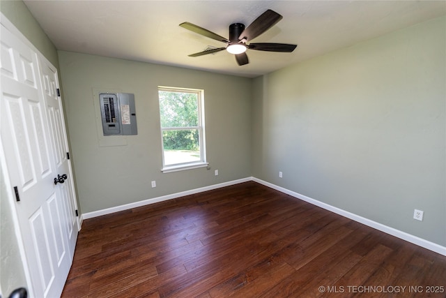 410 Denver St, Pawnee, OK 74058 - spare room with electric panel, dark wood-style flooring, and ceiling fan