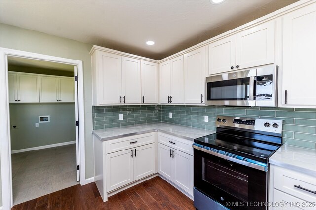 410 Denver St, Pawnee, OK 74058 - kitchen with appliances with stainless steel finishes, backsplash, recessed lighting, and dark wood finished floors