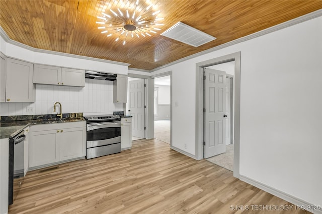 511 S Maple St, Sapulpa, OK 74066 - kitchen featuring stainless steel electric range, wood ceiling, ventilation hood, crown molding, and light wood finished floors
