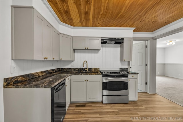 511 S Maple St, Sapulpa, OK 74066 - kitchen with stainless steel range with electric cooktop, black dishwasher, extractor fan, wooden ceiling, and ornamental molding