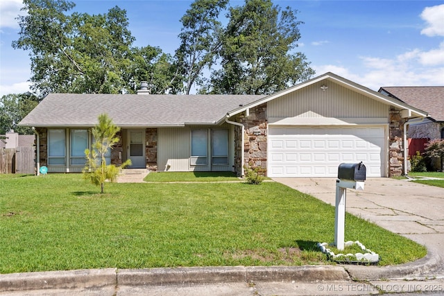 14127 E 24th Pl, Tulsa, OK 74134 - ranch-style house with stone siding, driveway, an attached garage, roof with shingles, and a chimney