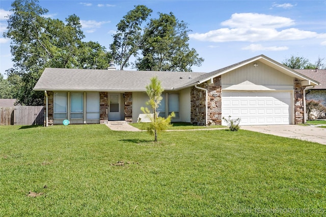 14127 E 24th Pl, Tulsa, OK 74134 - ranch-style house featuring stone siding, driveway, a garage, a chimney, and roof with shingles