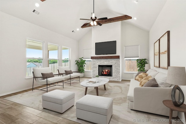 2916 S 8th St, Broken Arrow, OK 74012 - living room with high vaulted ceiling, ceiling fan, a fireplace, light wood finished floors, and recessed lighting