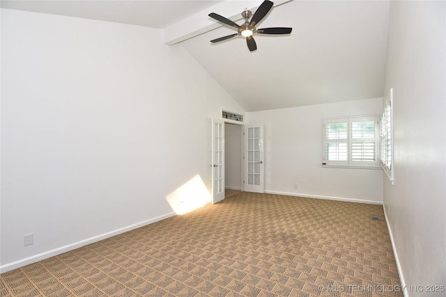5654 S Marion Ave, Tulsa, OK 74135 - empty room featuring ceiling fan, beamed ceiling, carpet floors, high vaulted ceiling, and french doors