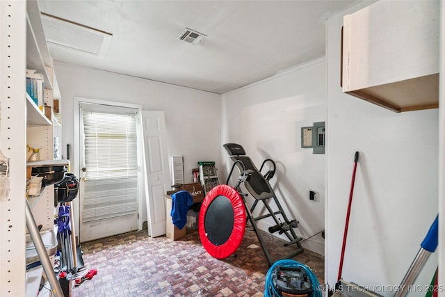 2321 S Main St, Sapulpa, OK 74066 - workout room featuring attic access and electric panel