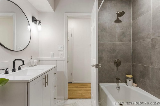 6016 S 76th E Ave, Tulsa, OK 74145 - full bathroom featuring vanity, shower / washtub combination, and marble look tile flooring