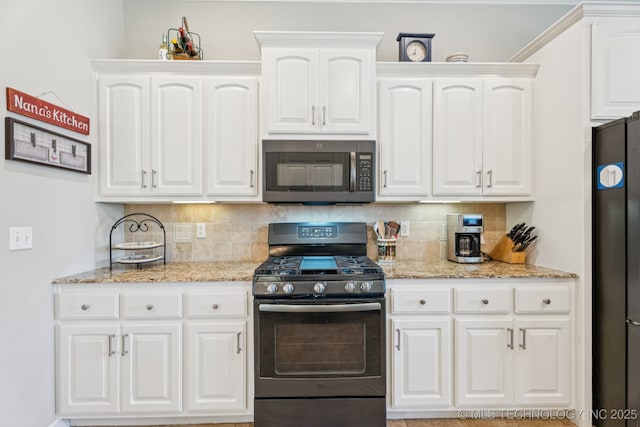 12432 S 101st E Ave, Bixby, OK 74008 - kitchen featuring stainless steel microwave, gas range, freestanding refrigerator, white cabinetry, and light stone countertops