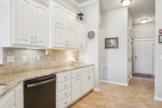 12432 S 101st E Ave, Bixby, OK 74008 - kitchen featuring dishwashing machine, backsplash, white cabinetry, light stone counters, and crown molding