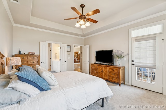 12432 S 101st E Ave, Bixby, OK 74008 - bedroom featuring a tray ceiling, light carpet, crown molding, access to outside, and ceiling fan
