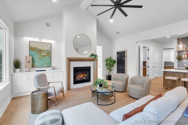1207 N 71st Pl, Broken Arrow, OK 74014 - living area with a ceiling fan, light wood finished floors, beam ceiling, high vaulted ceiling, and a glass covered fireplace