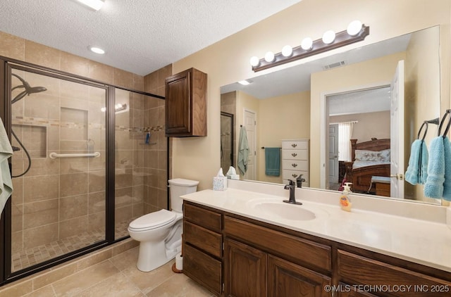 8318 S 84th E Ave, Tulsa, OK 74133 - bathroom featuring connected bathroom, a textured ceiling, vanity, a stall shower, and tile patterned floors