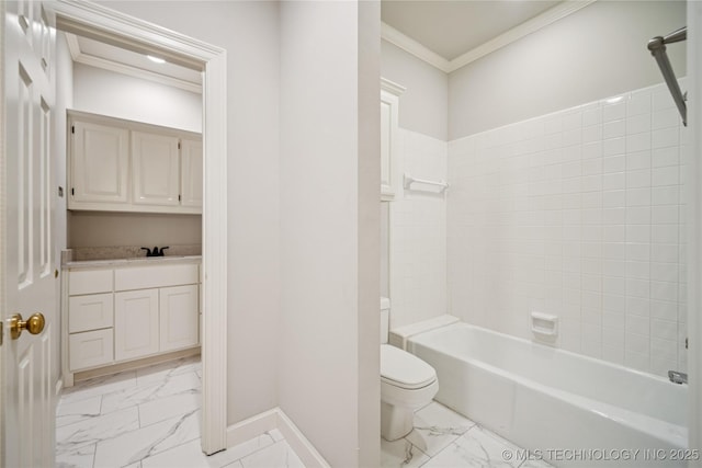 3437 E 96th Pl, Tulsa, OK 74137 - bathroom featuring marble look tiles, crown molding, vanity, and tub / shower combination