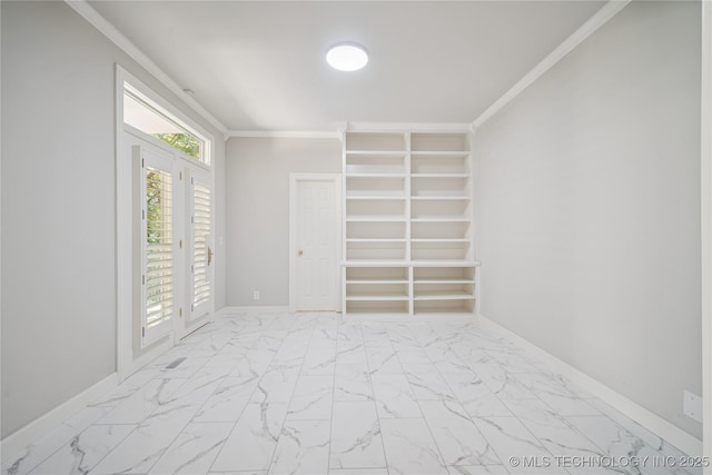 3437 E 96th Pl, Tulsa, OK 74137 - unfurnished bedroom featuring marble look tiles, ornamental molding, and access to outside