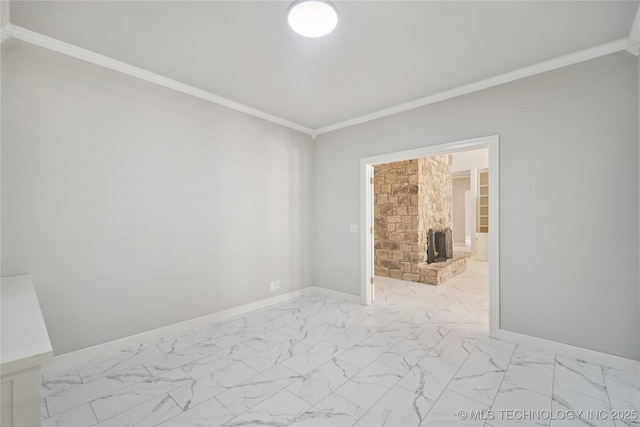 3437 E 96th Pl, Tulsa, OK 74137 - empty room with light marble finish flooring, crown molding, and a fireplace