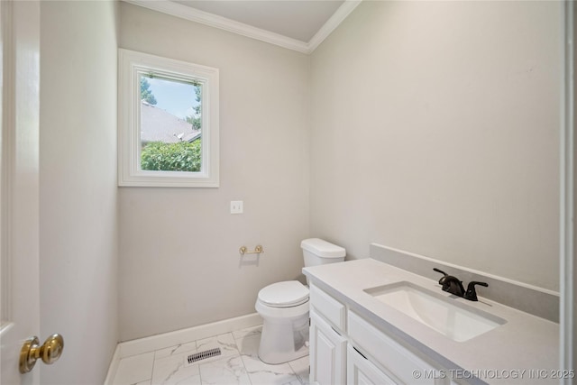 3437 E 96th Pl, Tulsa, OK 74137 - bathroom with ornamental molding, marble finish flooring, and vanity