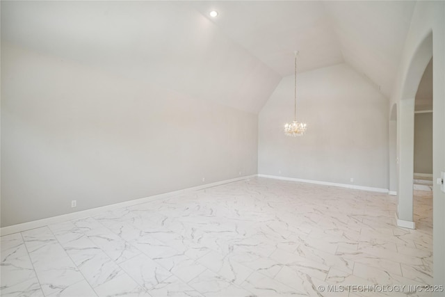 3437 E 96th Pl, Tulsa, OK 74137 - bonus room featuring arched walkways, light marble finish flooring, lofted ceiling, a chandelier, and recessed lighting