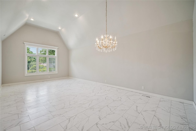 3437 E 96th Pl, Tulsa, OK 74137 - empty room with vaulted ceiling, marble finish floors, a chandelier, and recessed lighting