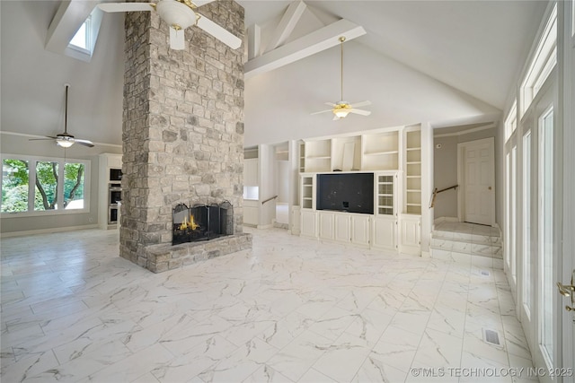 3437 E 96th Pl, Tulsa, OK 74137 - unfurnished living room featuring a ceiling fan, high vaulted ceiling, a fireplace, and healthy amount of natural light